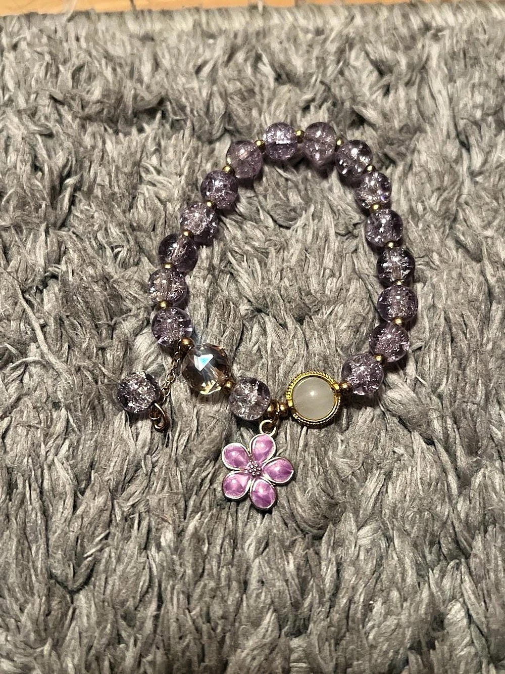 Purple & Gold Beaded Flower Charm Bracelet